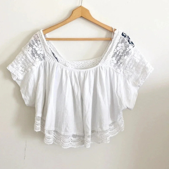 Free People White/black Short Sleeve Square Neck floral embroidered top size S - Picture 8 of 11